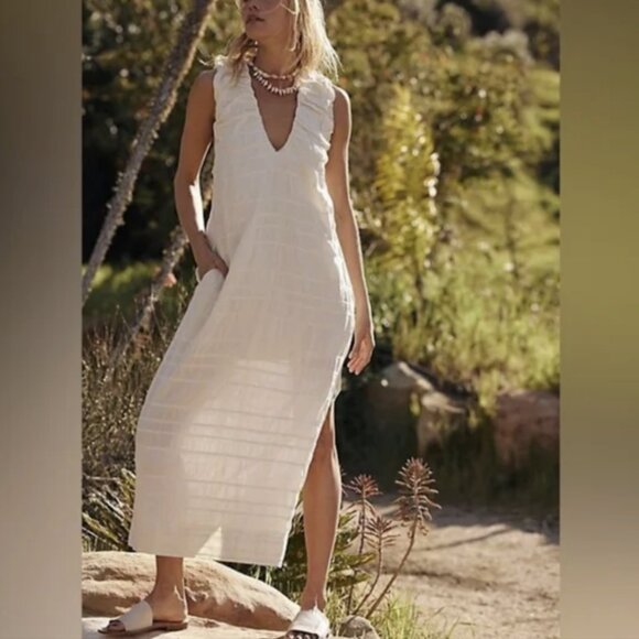 Free People Agatha Midi Dress White Cotton Sleeveless Slit V-Neck Size Small - Picture 1 of 16